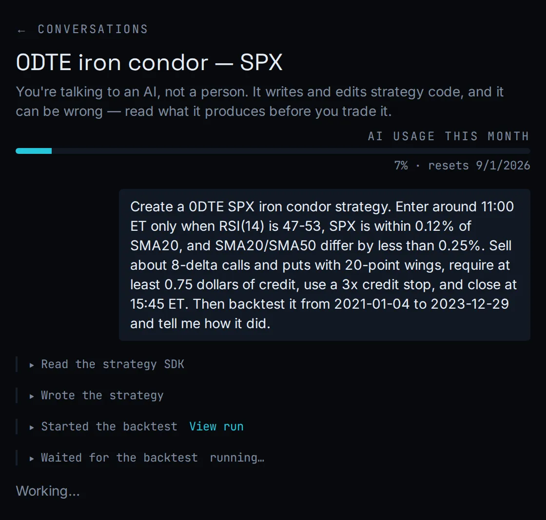 The StratVerra desktop app mid-conversation with its built-in AI assistant: a plain-English request for an SPX 0DTE iron condor, and the agent reading the strategy SDK, writing the strategy and starting the backtest.